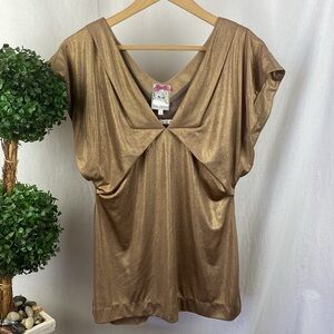 Yoana Baraschi Gold Short Sleeve V Drape Neck Blouse Top S